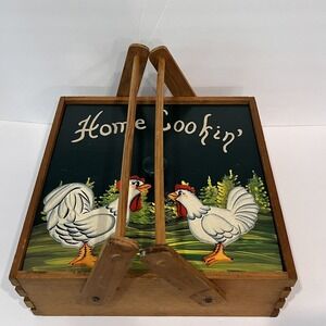 VTG Wooden Hand Painted Kitchen Pie Box w/ Handles & Lid Folk Art Cottage Picnic